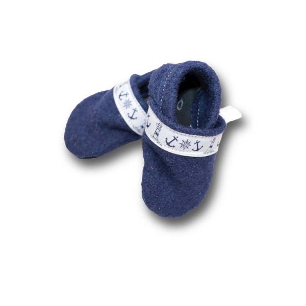 Walkloden-Puschen blau mit Webband Anker